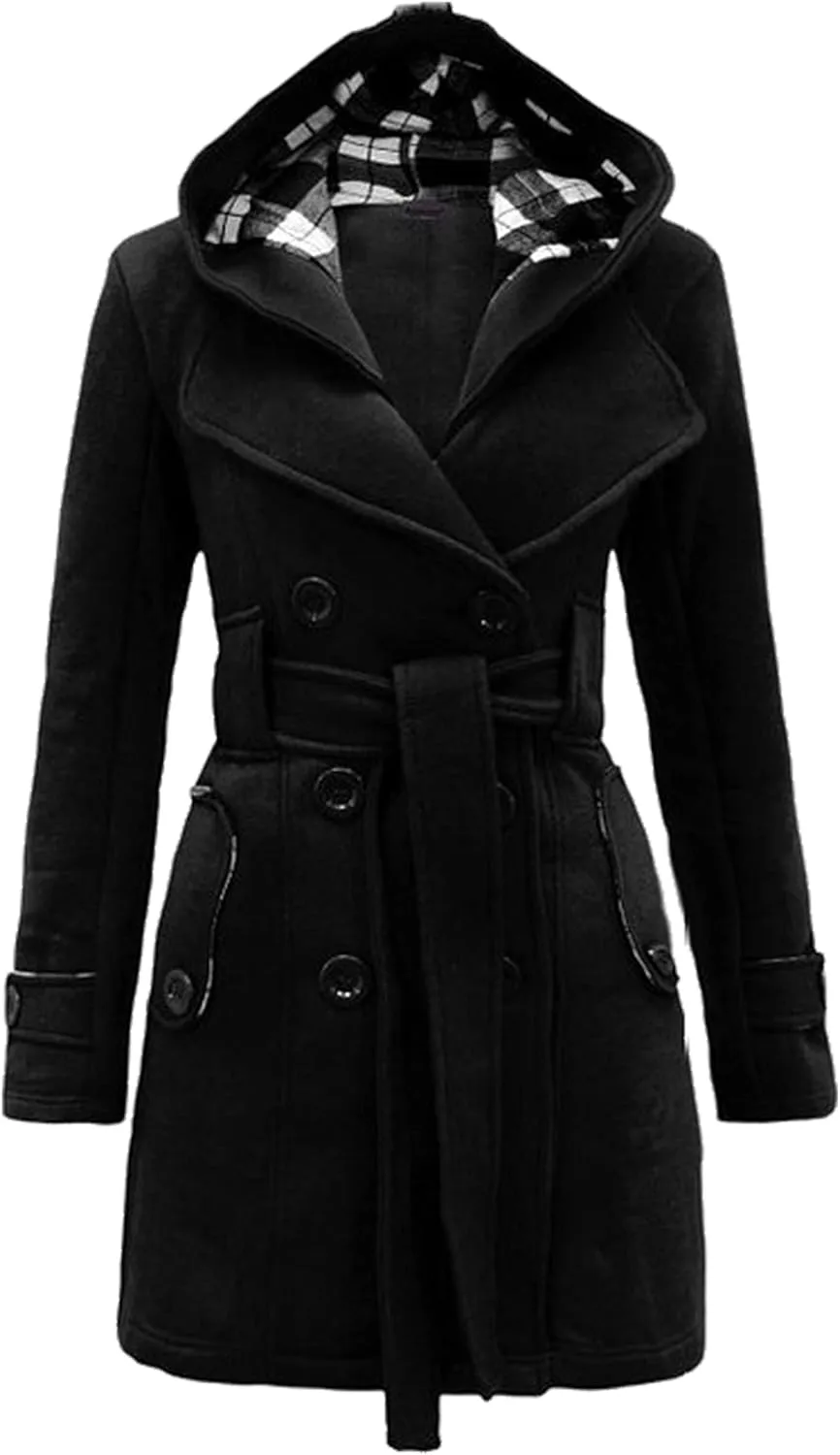 YMING Womens Winter Double Breasted Pea Coat Warm Wool Blend Trench Coat Hooded Plaid Outwear with Belt